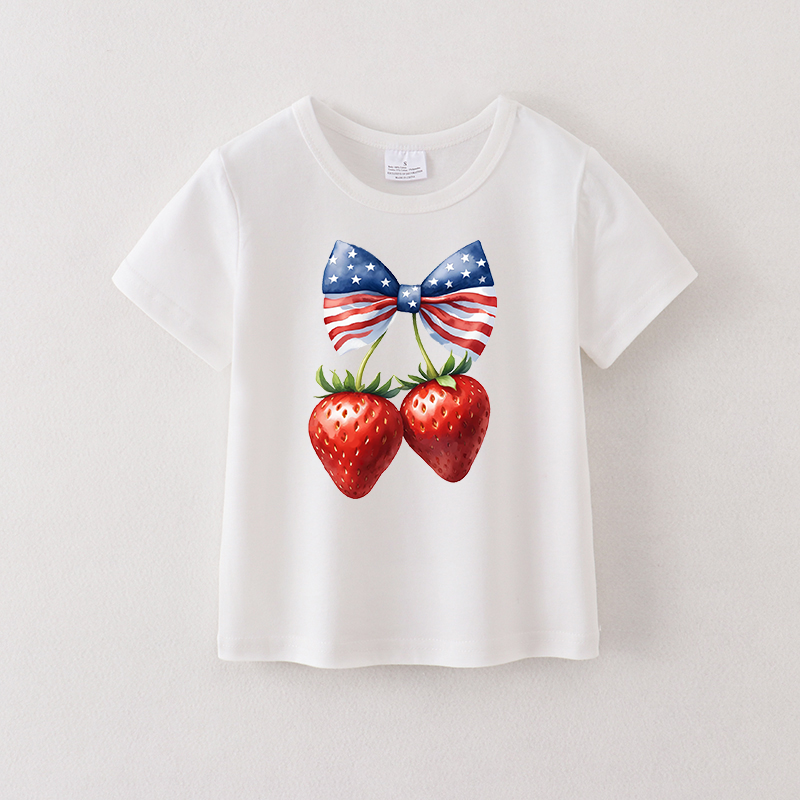 Girls 4th Of July Strawberry Print Cotton T-shirt