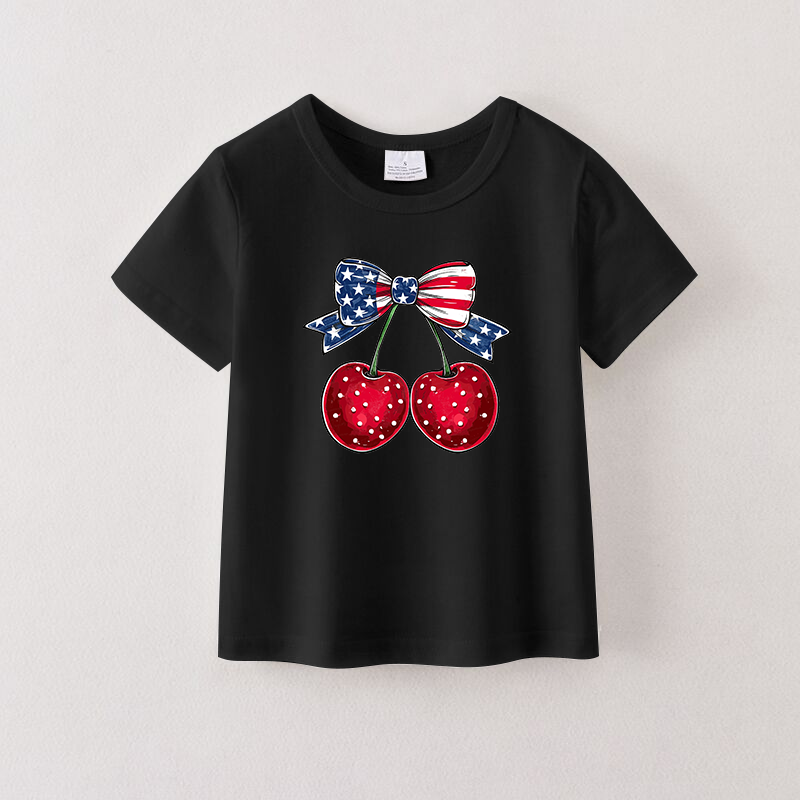 Girls 4th Of July Cherry Print Black Cotton T-shirt