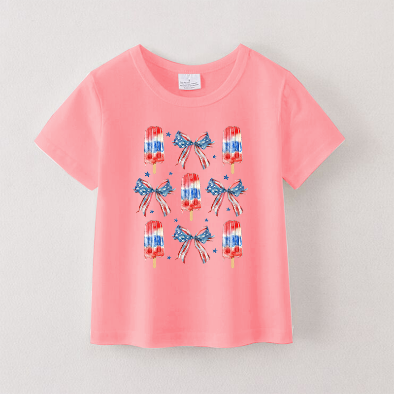 Girls 4th Of July Popsicle Bow Print Coral Cotton T-shirt