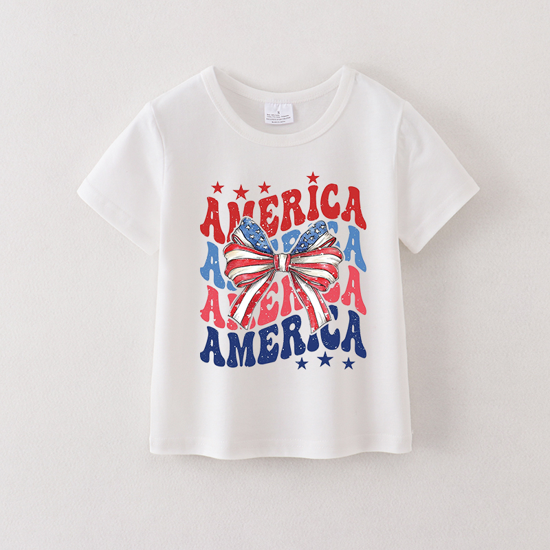 Girls 4th Of July America Bow Print White Cotton T-shirt