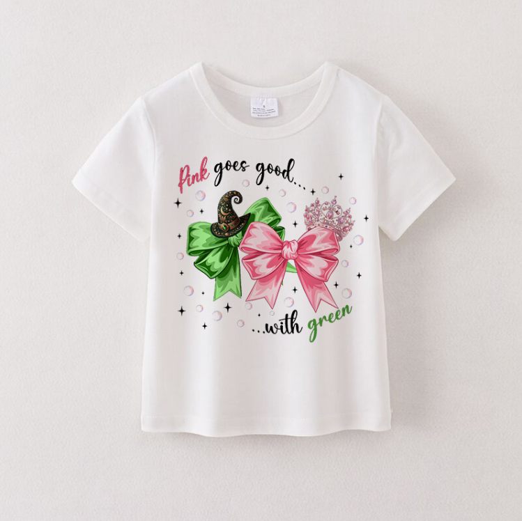 Girls Summer Pink Green Bow Print White Cotton T-shirt
