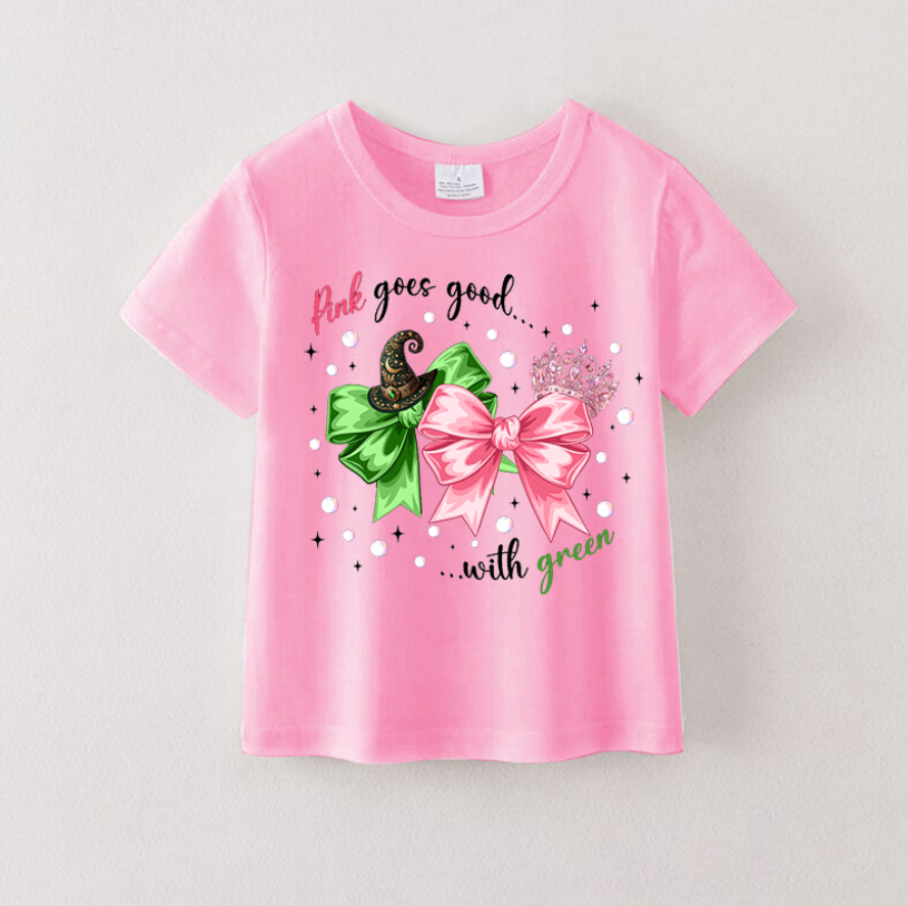 Girls Summer Pink Green Bow Print Pink Cotton T-shirt