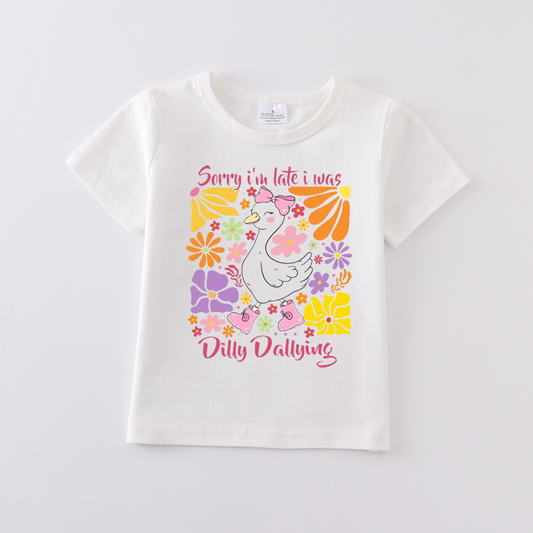 Multi-Colors Girls Summer Goose Print White Cotton T-shirt