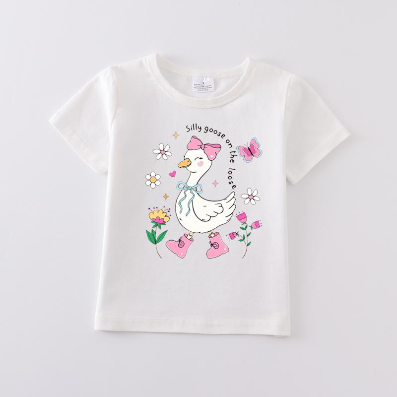 Multi-Colors Girls Summer Goose Print White Cotton T-shirt
