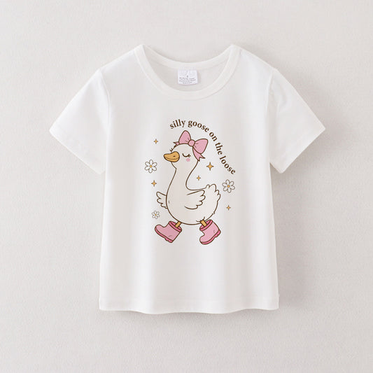 Multi-Colors Girls Summer Goose Print White Cotton T-shirt