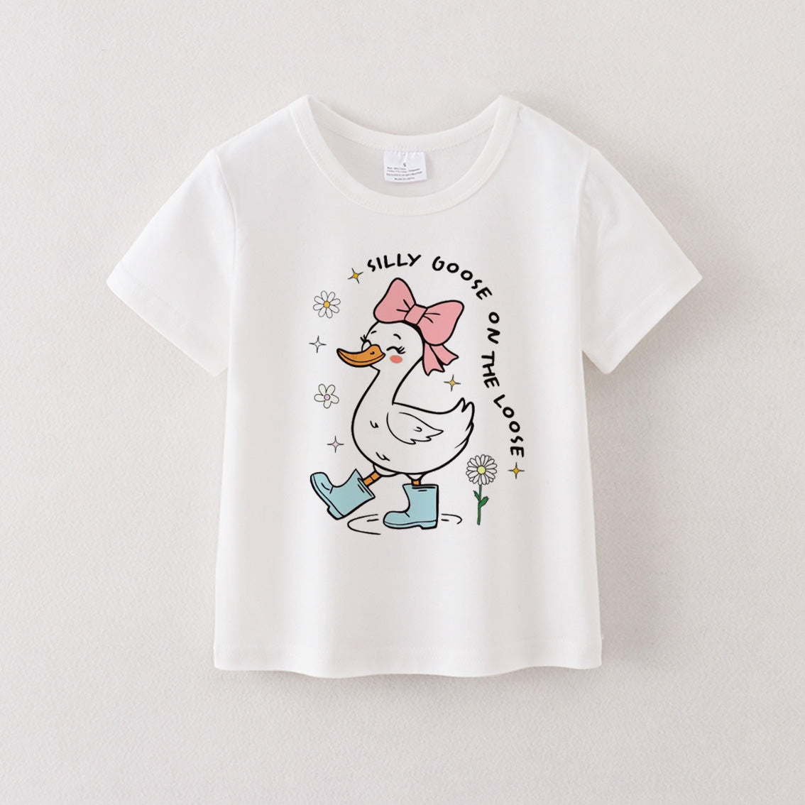 Multi-Colors Girls Summer Goose Print White Cotton T-shirt
