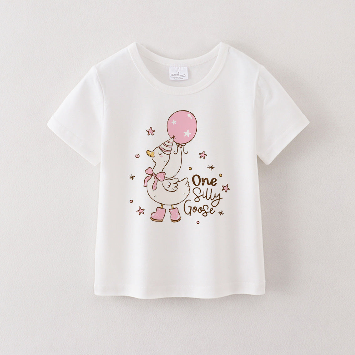 Multi-Colors Girls Summer Goose Print White Cotton T-shirt
