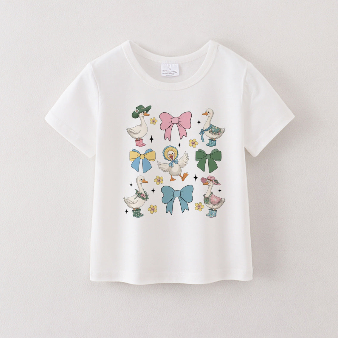 Multi-Colors Girls Summer Goose Print White Cotton T-shirt
