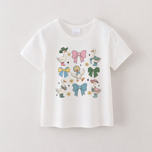 Multi-Colors Girls Summer Goose Print White Cotton T-shirt