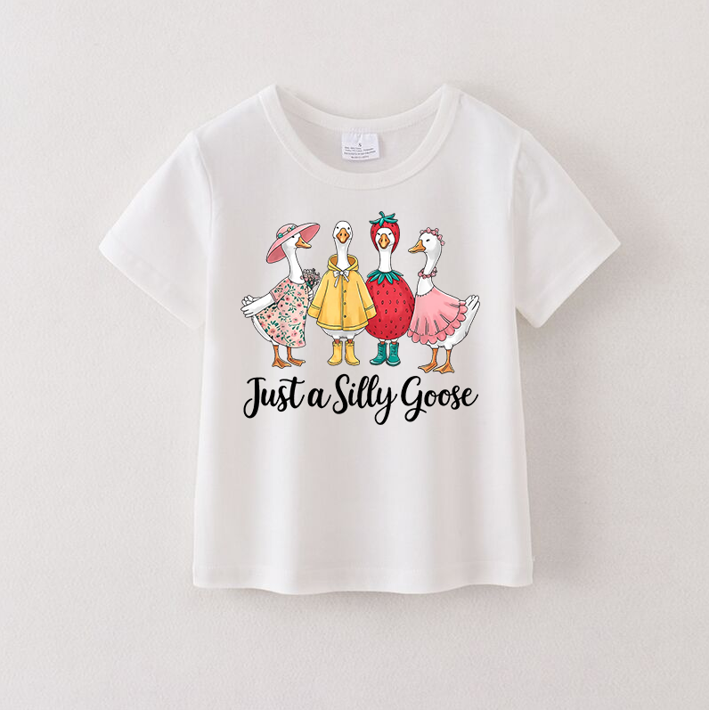 2 Colors Girls Summer Silly Goose Cartoon Print Cotton T-Shirt