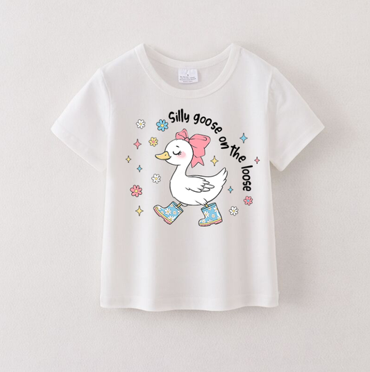 2 Colors Girls Summer Silly Goose Cartoon Print Cotton T-Shirt