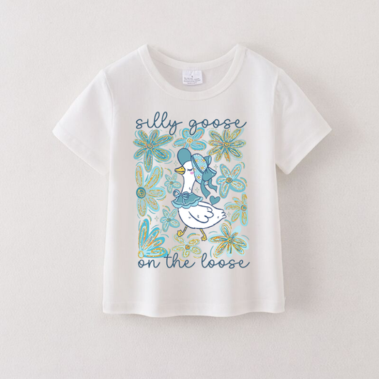 Girls Summer Silly Goose Cartoon Print Cotton T-Shirt