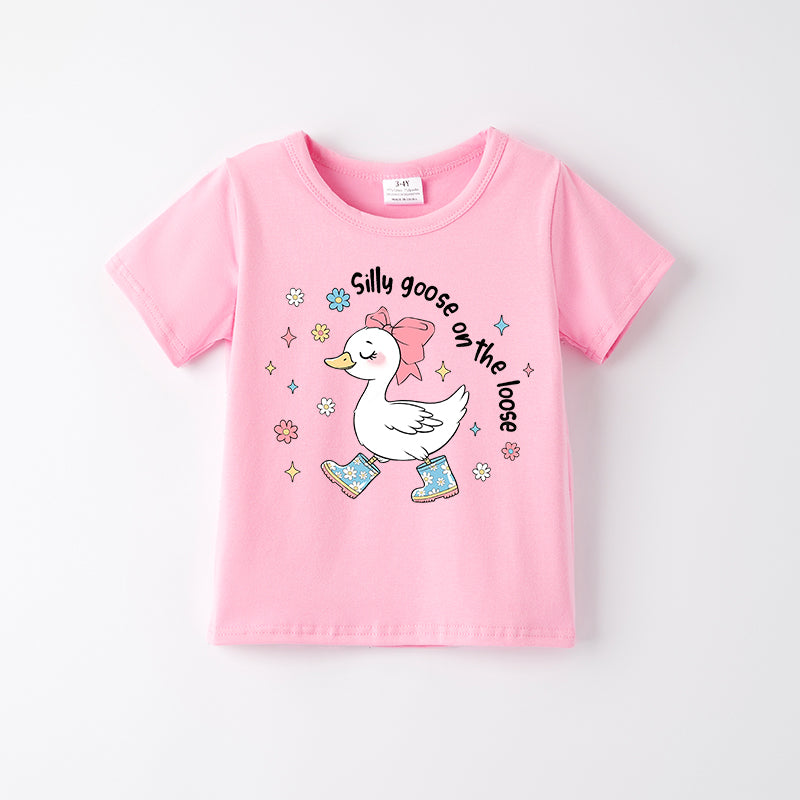 Toddler Girls "Silly Goose On The Goose" Pink Cotton T-shirt