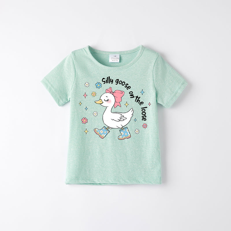 Toddler Girls "Silly Goose On The Loose" Mint Cotton T-shirt