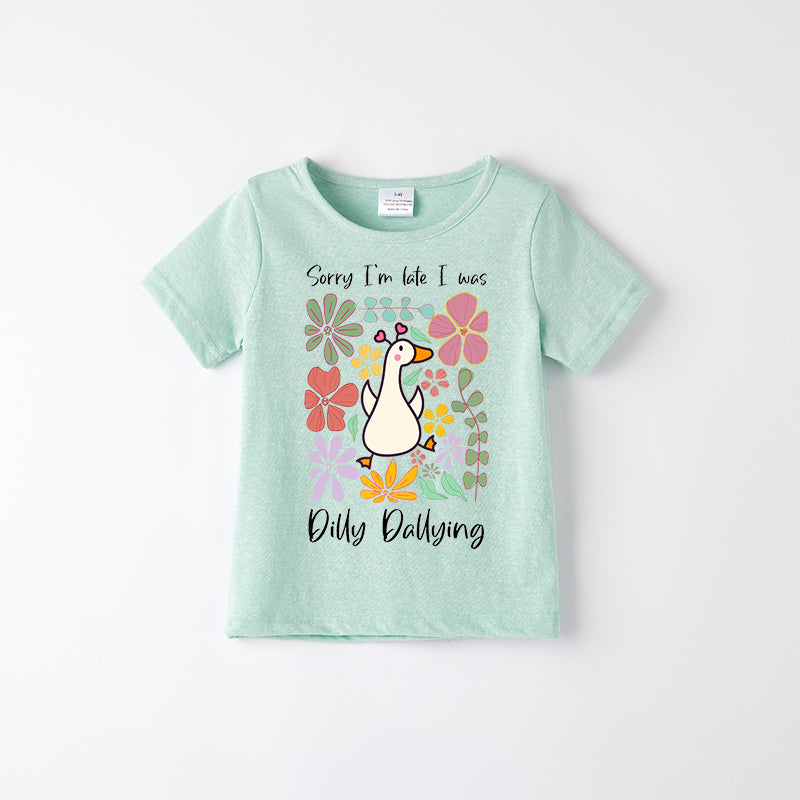 Toddler Girls Silly Goose Print Mint Short Sleeves Cotton T-shirt