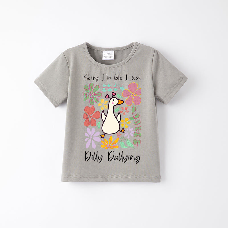 Girls Summer"Sorry I'm late I'm Dilly Dallying" Grey Cotton T-shirt