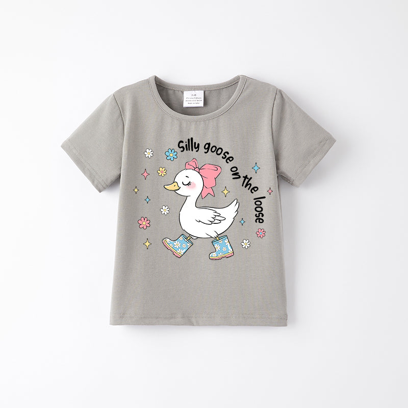 Toddler Girls "Silly Goose On The Loose" Grey Cotton T-shirt