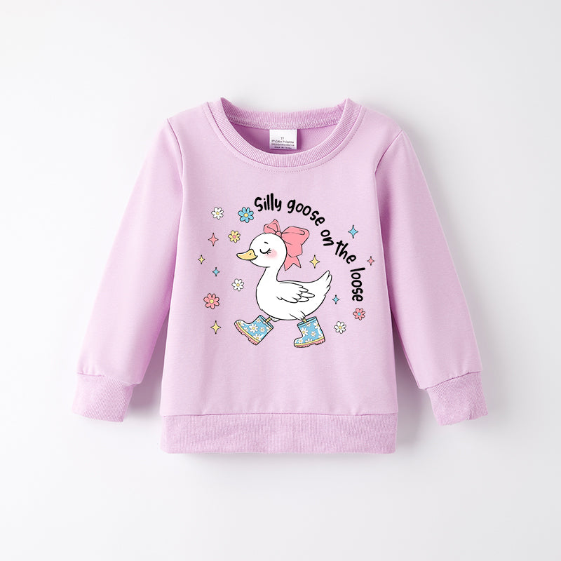 Girls Summer Silly Goose Print Lavender Cotton Sweatshirt