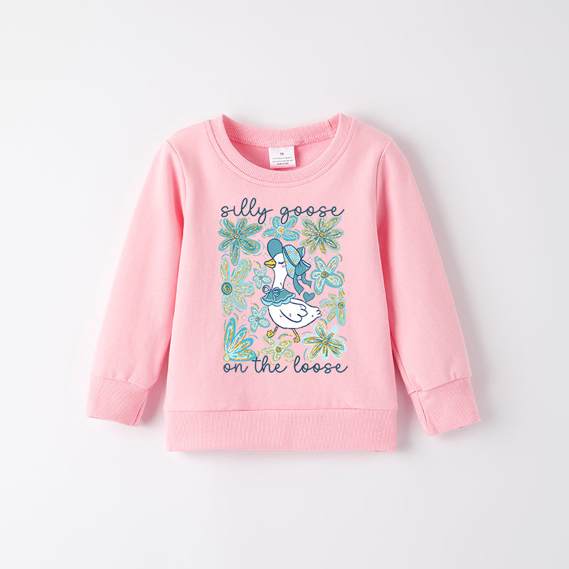 Girls Summer Silly Goose Print Pink Cotton Sweatshirt