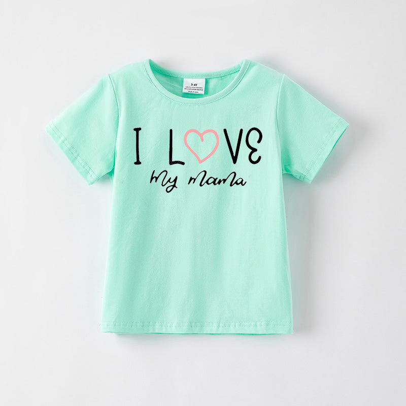 Girls Mother's Day Print Blue Green Cotton T-Shirt