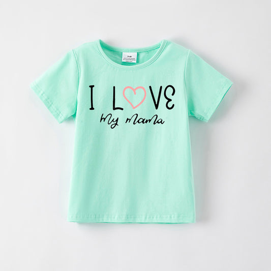 Girls Mother's Day Print Blue Green Cotton T-Shirt