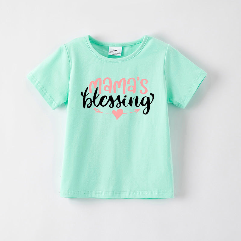 Girls Mother's Day Print Blue Green Cotton T-Shirt
