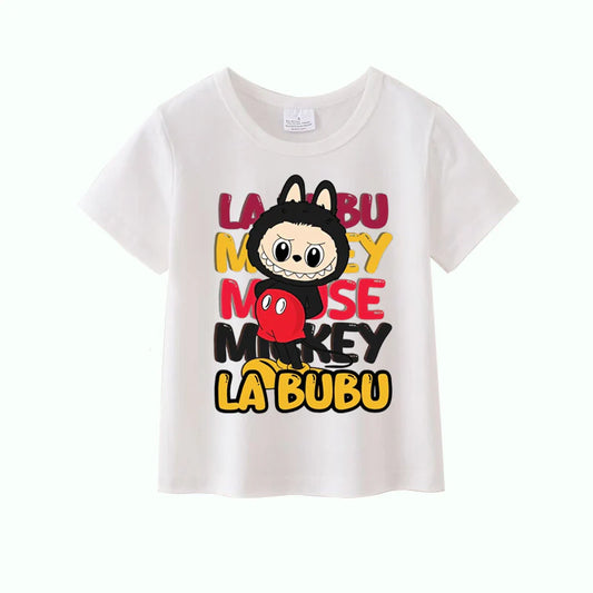Girls Summer Labubu Cartoon Print White Black Cotton T-shirt