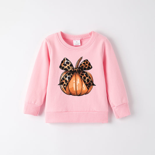 Girls Halloween Cotton Sweatshirt – Cute Pumpkin & Bow Print