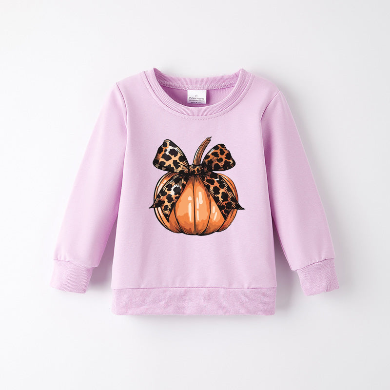 Girls Halloween Cotton Sweatshirt – Cute Pumpkin & Bow Print