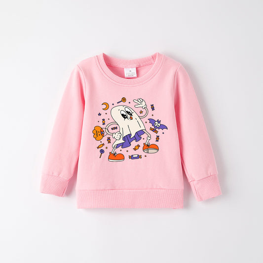 Girls Halloween Cotton Sweatshirt – Cute Ghost & Bat Print