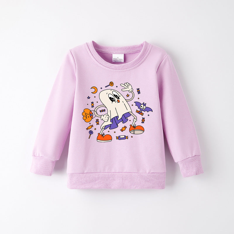 Girls Halloween Cotton Sweatshirt – Cute Ghost & Bat Print