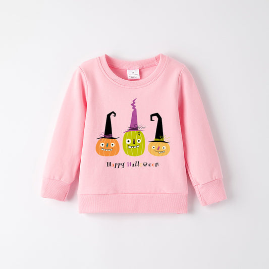 Girls Happy Halloween Sweatshirt – Cute Pumpkin & Witch Print