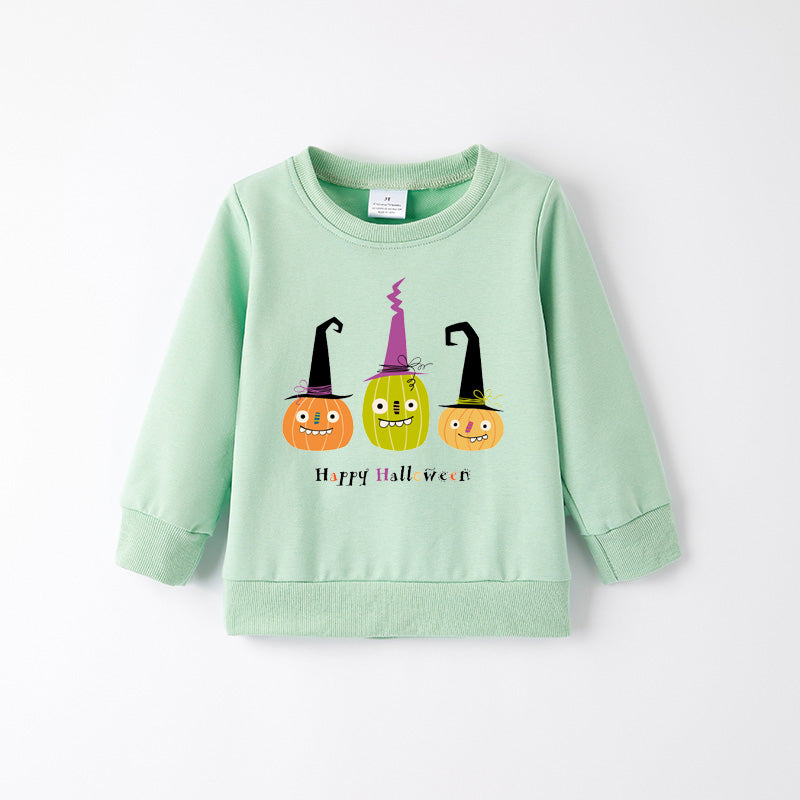 Girls Happy Halloween Sweatshirt – Cute Pumpkin & Witch Print