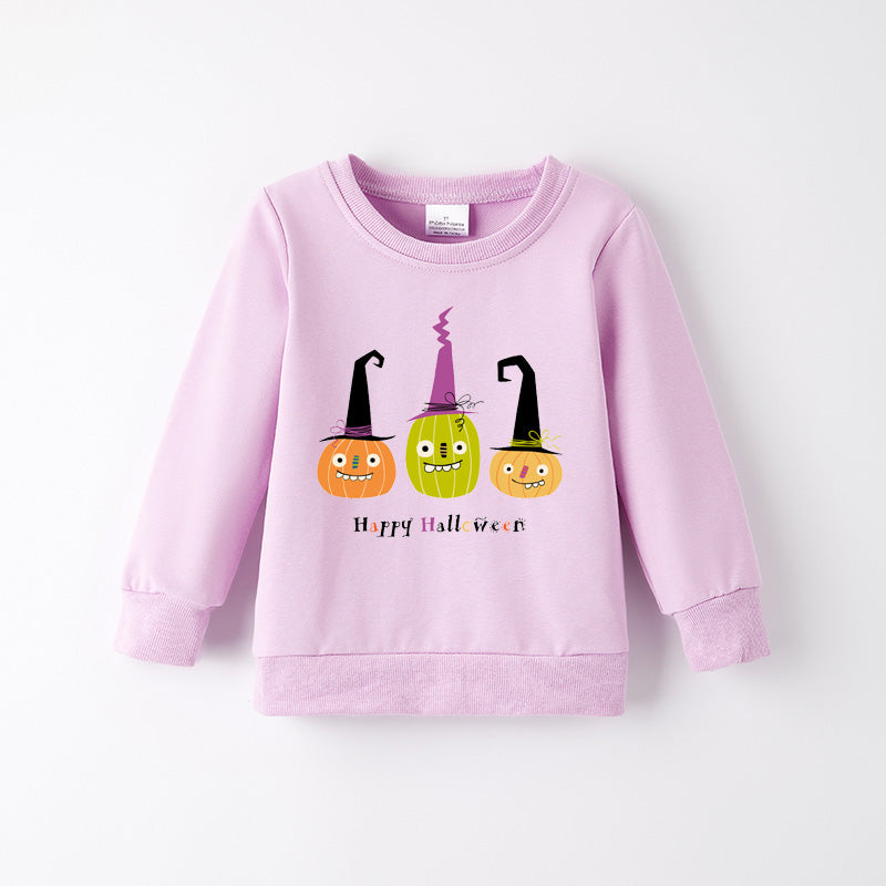 Girls Happy Halloween Sweatshirt – Cute Pumpkin & Witch Print
