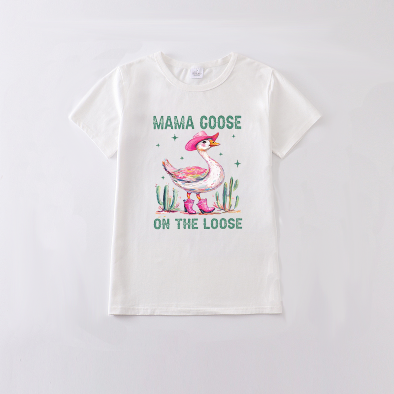 Adult MAMA Summer Goose Print White Cotton T-SHIRT
