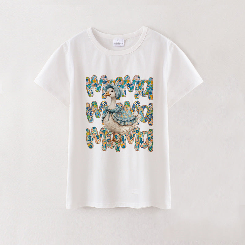 Adult MAMA Summer Goose Print White Cotton T-SHIRT