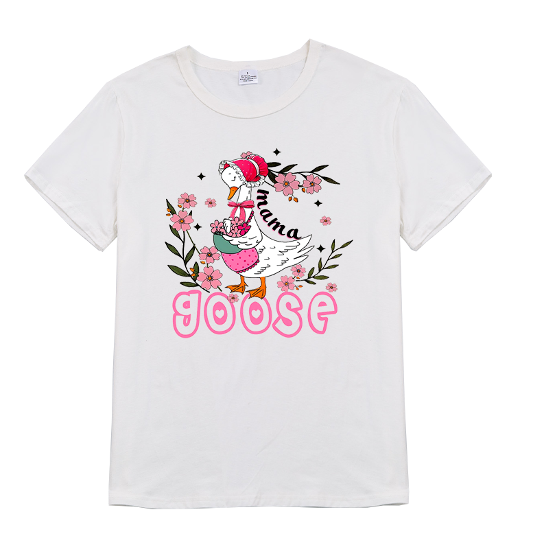 Adult Women Summer Goose Print White Cotton T-SHIRT