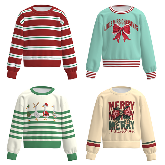 Girls Christmas Graphic Sweatshirt – Holiday Striped Long Sleeve Pullover Top, Merry Christmas Bow & Festive Print