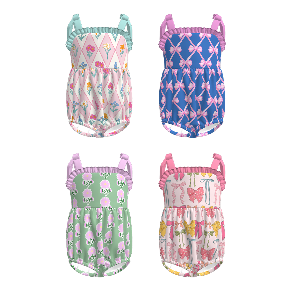 Girls Summer Bow Floral Print Slip Bubble Romper