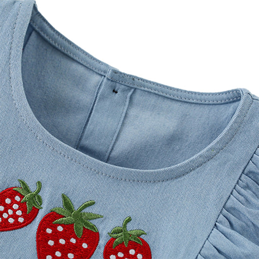 Girls' Summer Denim Dress with Strawberry Embroidery