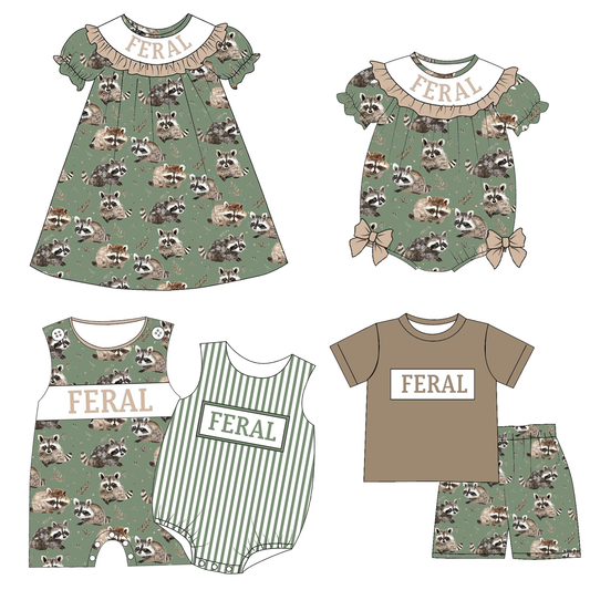 Sibling Summer Raccoon Print "FERAL"Embroidery Matching Clothes