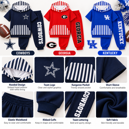 Boys Game Day Football Short Sleeve Hoodie & Jogger Pants Set – Cowboys Georgia Kentucky Team Spirit Outfit