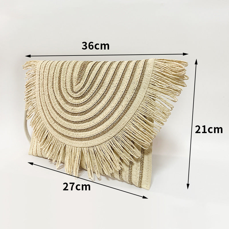 Woven Straw Clutch Bag with Fringe Envelope Handbag
