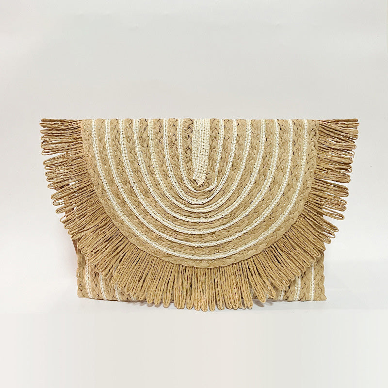 Woven Straw Clutch Bag with Fringe Envelope Handbag