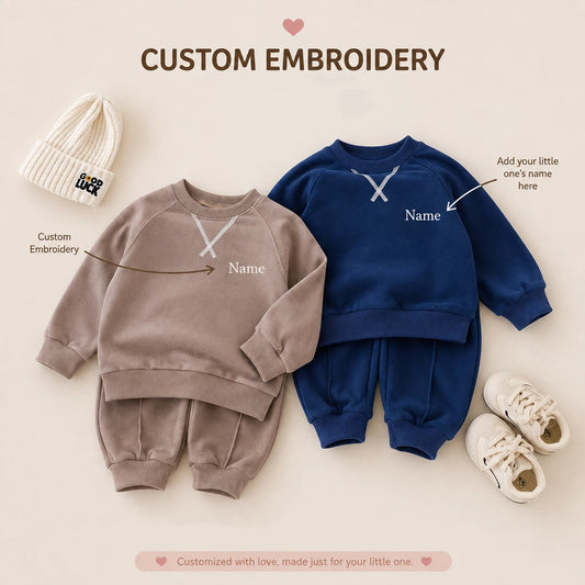 Personalized Boys Cotton Sweatshirt & Jogger Set – Custom Name Embroidery Kids Outfit