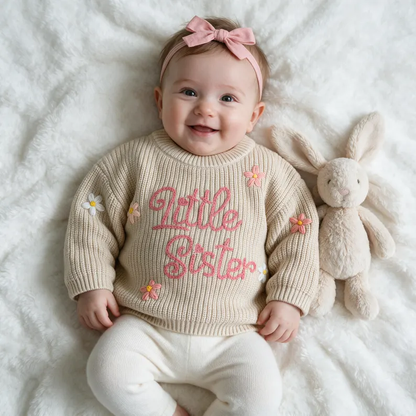 Personalized Name Knit Sweater for Babies & Kids – Custom Yarn Embroidery with Optional Crochet Decorations