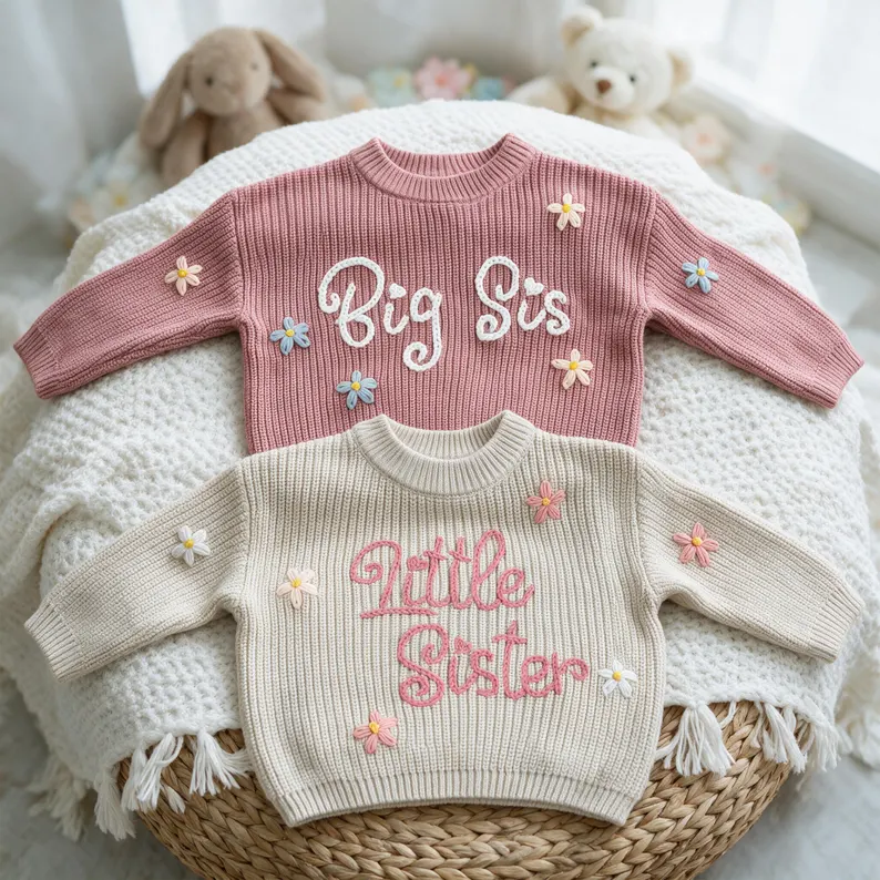 Personalized Name Knit Sweater for Babies & Kids – Custom Yarn Embroidery with Optional Crochet Decorations