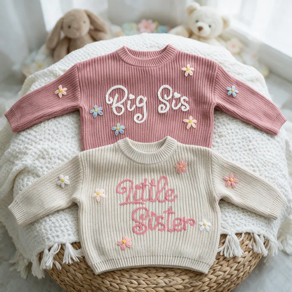 Personalized Name Knit Sweater for Babies & Kids – Custom Yarn Embroidery with Optional Crochet Decorations