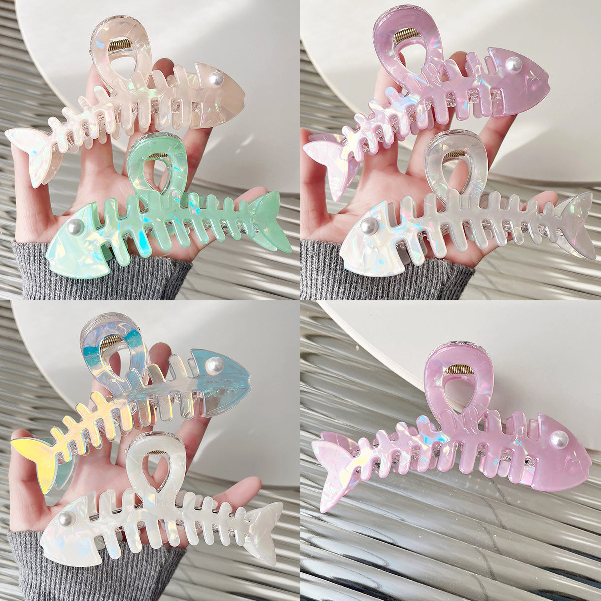 Iridescent Fishbone Hair Claw Clip – Acetate-Look Fish Skeleton Clip with Faux Pearl Eye