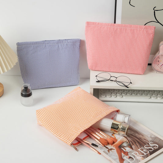 Seersucker Striped Cosmetic Bag Travel Makeup Toiletry Pouch